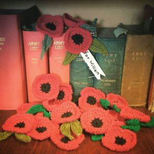 Twenty bright red handmade Poppies for Cornwall's Regimental Museum arranged against some WW1 era books in the library