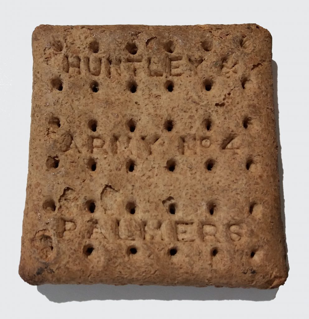 Huntley & Farmers WWI hardtack biscuit, currently on display at Cornwall's Regimental Museum
