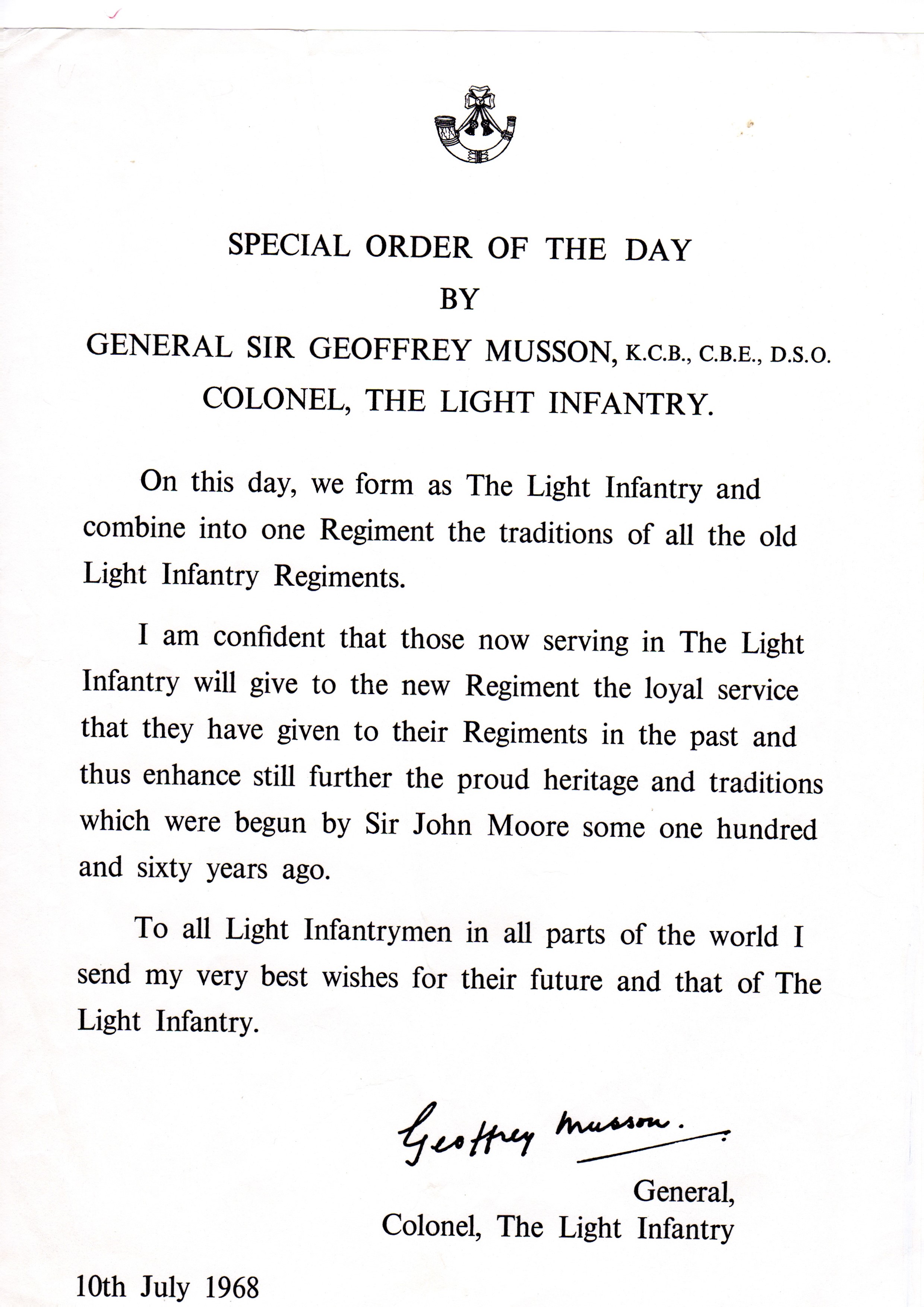 From the Light Infantry Archives at Cornwall's Regimental Museum - Special order of the day by General Musson